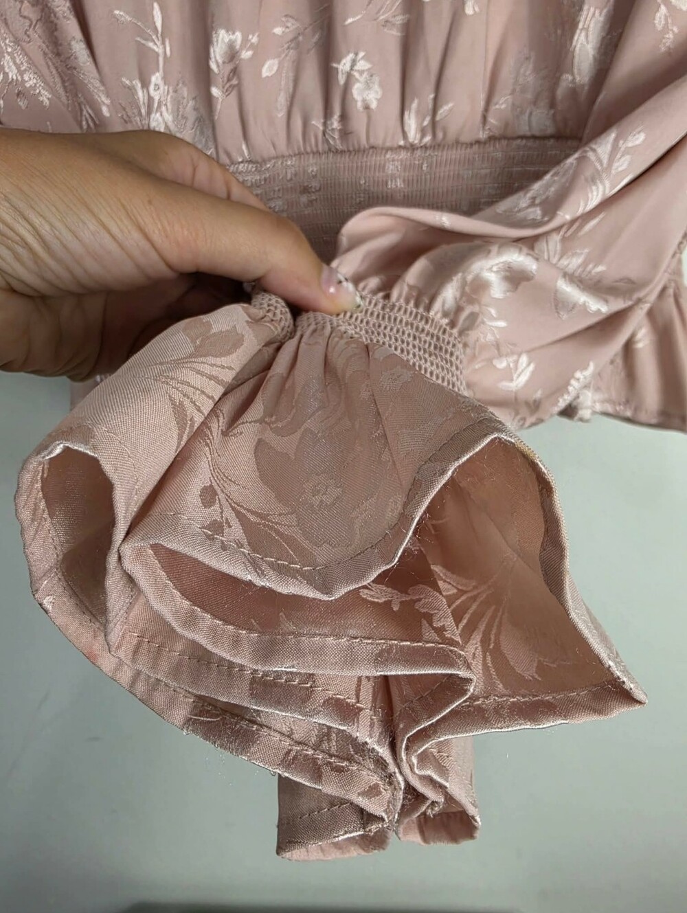 Forever 21 Blush Pink Metallic Floral High-Neck Smocked Peplum Top - Picture 5 of 8
